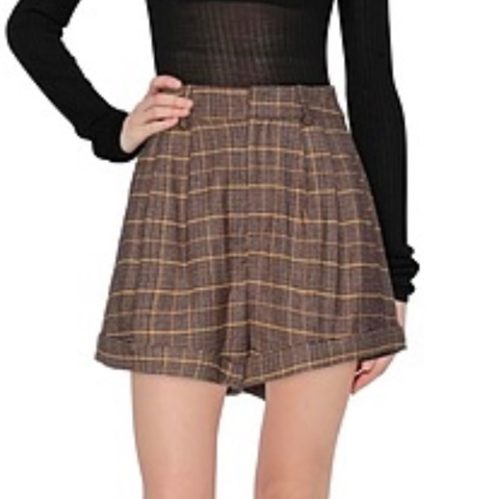 Vtg Plaid Wool Blend Trouser Shorts Cuff Bermuda  Coffee Autumn Winter Academia